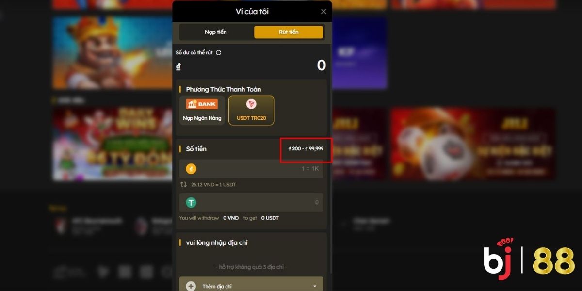 BJ88 cho phép rút tiền tối thiểu bao nhiêu qua tiền ảo?